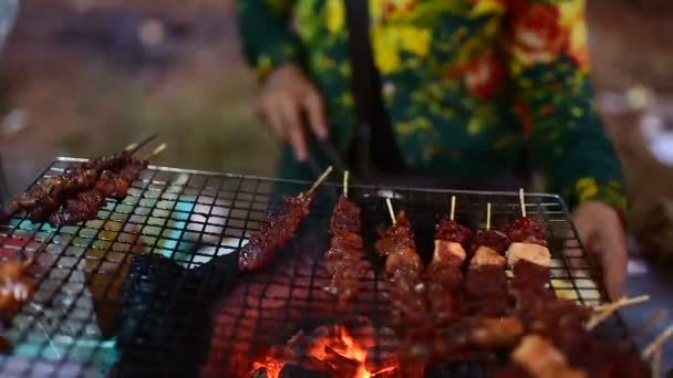 Cerdo Parrilla Asador Mercado Nocturno Ciudad Banlung Mujer Trozo Carne — Vídeo de stock