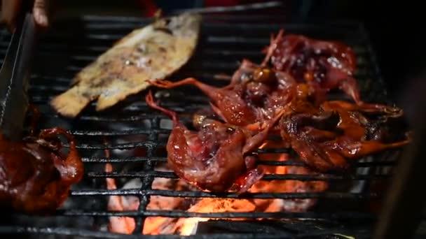 鶏と魚のグリル カンボジアの女性によって覚悟カンボジアの夜の屋台市場 バンルン町 — ストック動画