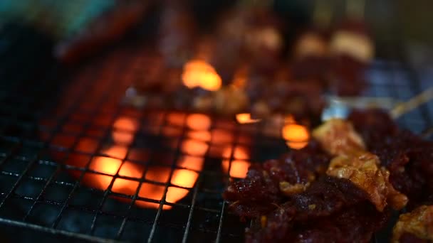 Carne Porc Gratar Scuipat Piata Noapte Din Orasul Banlung Femeie — Videoclip de stoc