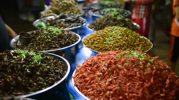 Mercado Nocturno Comida Callejera Con Muchos Tipos Insectos Secos Arañas — Vídeos de Stock