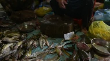 Banlung kasaba yerel pazarda tahta masada yatan ham taze balık. Kamboçyalı kadın kafalarını kesmek ve balık ölçekler temizler. Kamboçya, Asya. 