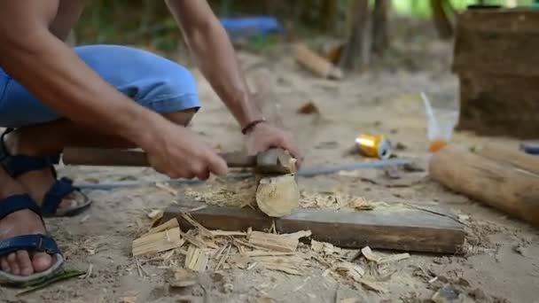 Cambodian Man Prepares Wood Build Home Construction Traditional Way Using — Stock Video