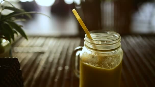 Jar Full Smoothie Standing Bamboo Table Straw — Stock Video