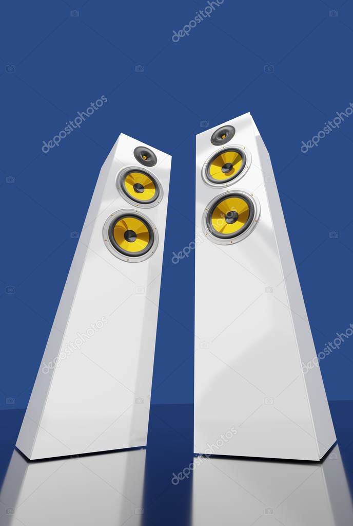 Two columns of white colored modern and luxury loudspeakers standing on the floor, 3d render models in high quality resolution. 