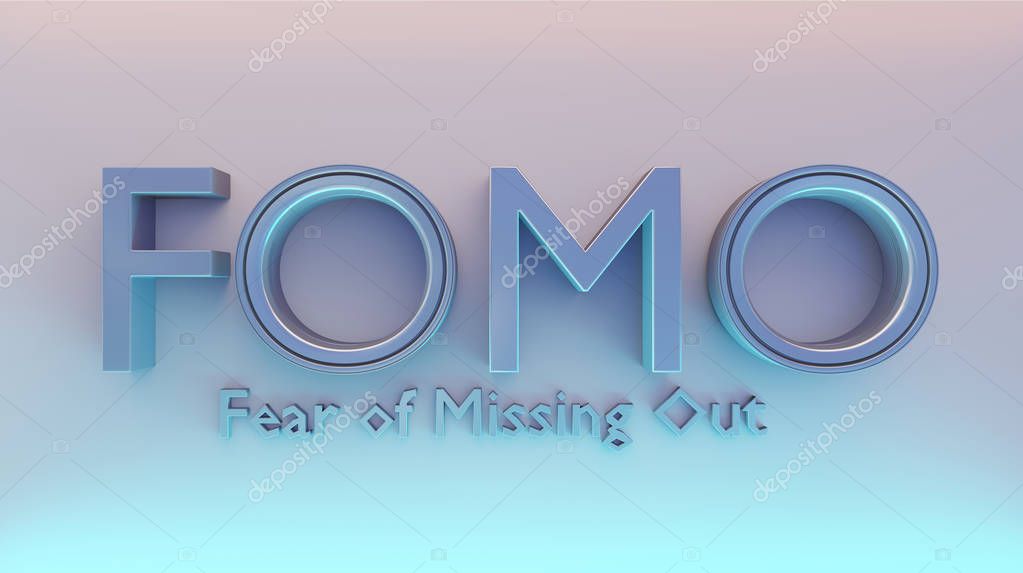 Concept of fomo word as 3D text or logo placed on a white surface. Fomo word mean fear of missing out. One of the most popular word popular among stock brokers of cryptocurrencies, securities and currencies. 3D render  Ilustration.