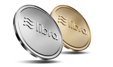 Ön logosu ile altın ve gümüş Libra sikke kavramı. Dijital kripto para birimi ödemesinin yeni projesi. 3D render sikke beyaz izole arka planda yerleştirilen.