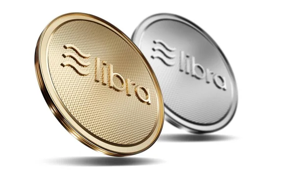 Ön logosu ile altın ve gümüş Libra sikke kavramı. Dijital kripto para birimi ödemesinin yeni projesi. 3D render sikke beyaz izole arka planda yerleştirilen.