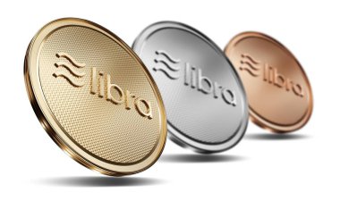 Ön logosu ile altın, gümüş ve Cooper Libra sikke kavramı. Dijital kripto para birimi ödemesinin yeni projesi. 3D render sikke beyaz izole arka planda yerleştirilen.