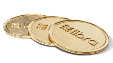 Ön logosu ile altın Libra sikke kavramı. Dijital kripto para birimi ödemesinin yeni projesi. 3D render sikke beyaz izole arka planda yerleştirilen.