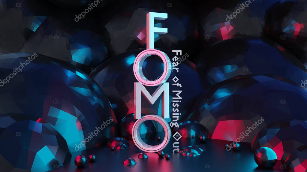 Concept of fomo word as 3D text or logo placed on black background. Fomo word mean fear of missing out. One of the most popular word popular among stock brokers of cryptocurrencies, securities and currencies. 3D render  Ilustration.