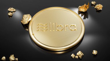 Ön ve altın Nuggets üzerinde logosu ile altın Libra sikke kavramı siyah cilalı yüzeye yerleştirilir. Dijital kripto para birimi ödemesinin yeni projesi. 3D render sikke.