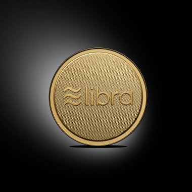Ön logosu ile altın Libra sikke kavramı. Dijital kripto para birimi ödemesinin yeni projesi. 3D render Coin siyah bir arka planda yerleştirilen.