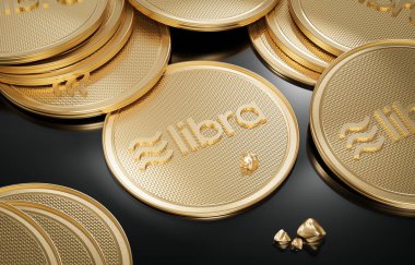 Ön ve altın Nuggets üzerinde logosu ile altın Libra sikke kavramı siyah cilalı yüzeye yerleştirilir. Dijital kripto para birimi ödemesinin yeni projesi. 3D render sikke.