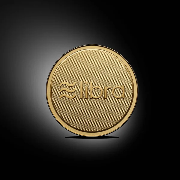 Ön logosu ile altın Libra sikke kavramı. Dijital kripto para birimi ödemesinin yeni projesi. 3D render Coin siyah bir arka planda yerleştirilen.