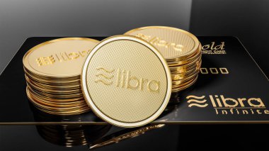 Libra siyah kredi kartının görünümü altın ve altın Libra siyah bir arka planda yerleştirilen sikke. Proje Libra kavramsal tasarım. 3B işleme.