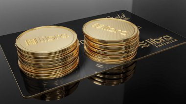 Libra siyah kredi kartının görünümü altın ve altın Libra siyah bir arka planda yerleştirilen sikke. Proje Libra kavramsal tasarım. 3B işleme.