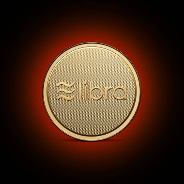Ön logosu ile altın Libra sikke kavramı. Dijital kripto para birimi ödemesinin yeni projesi. 3D render Coin koyu kırmızı arka planda yerleştirilmiş.