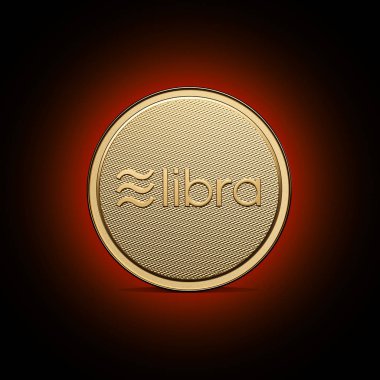 Ön logosu ile altın Libra sikke kavramı. Dijital kripto para birimi ödemesinin yeni projesi. 3D render Coin koyu kırmızı arka planda yerleştirilmiş.