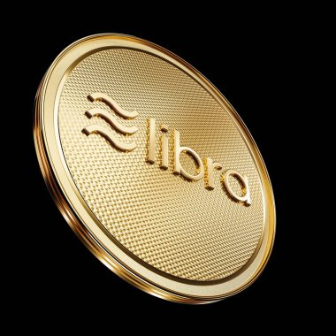 Ön logosu ile altın Libra sikke kavramı. Dijital kripto para birimi ödemesinin yeni projesi. 3D render Coin siyah bir arka planda yerleştirilen.