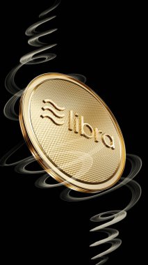 Ön logosu ile altın Libra sikke kavramı. Dijital kripto para birimi ödemesinin yeni projesi. 3D render Coin siyah bir arka planda yerleştirilen.