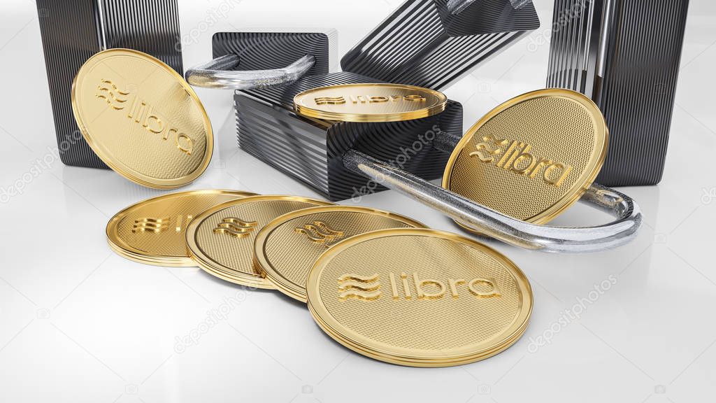 Golden crypto currency libra coins lie on white background with digitial padlocks. Symbolizes the security of crypto currencies in the network. 3D render model concept.