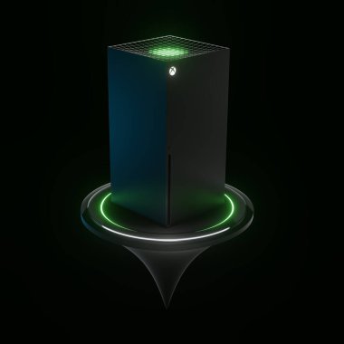 Wrocaw, Polonya - 12 Temmuz 2020: Microsoft tarafından Xbox X serisi ev oyun konsolu. 3D render koncept modeli. Boşluğu kopyala