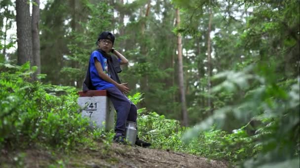 アルミミルクを運ぶ10代の少年は 針葉樹林で青い果実を持つことができます 夏森の中で — ストック動画