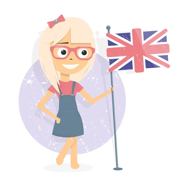 Μελέτη της αγγλικής γλώσσας. Κοπέλα κρατώντας μια σημαία. — Διανυσματικό Αρχείο