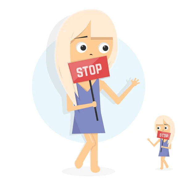Jeune fille tenant une pancarte avec le signe STOP. Avertissement de danger . — Image vectorielle