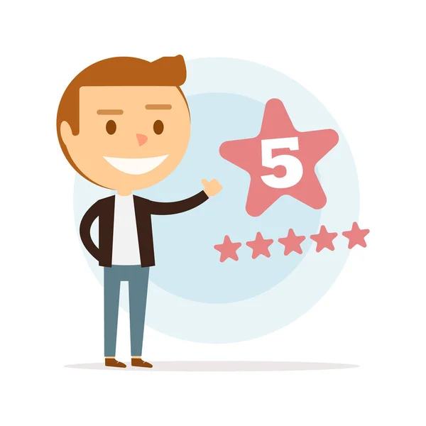 Un jeune homme heureux met cinq étoiles. Critiques en ligne . — Image vectorielle