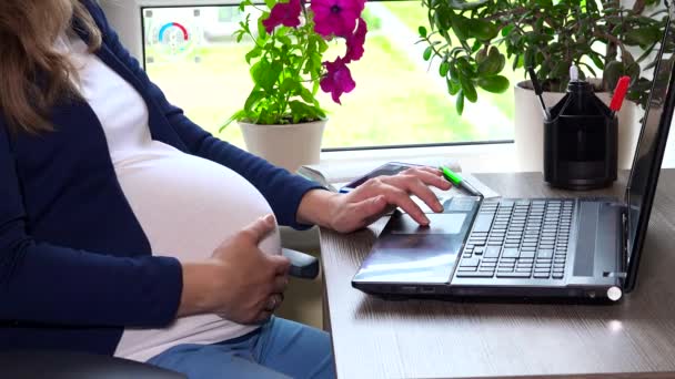 Grávida mulher de negócios mão acidente vascular cerebral barriga e trabalhar com computador portátil — Vídeo de Stock