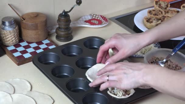 Ruční připravit chutné maso koláč se sýrem na kovové formě. 4k — Stock video