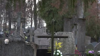 closeup mum ve mezar taşları ve bulanık insanlar üzerinde haçlar. 4k