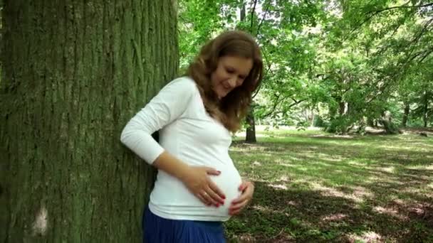Беременная женщина смотрит в камеру, показывая форму сердца на животе руками. — стоковое видео