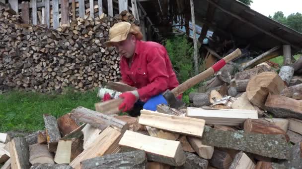 Молодий працівник збирає деревину в руках на подвір'ї села. 4-кілометровий — стокове відео