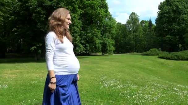 Pregnancy time lifestyle in park meadow. — Stock Video