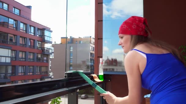 Vrouw met grote buik veeg venster met speciaal gereedschap en schoon met een doek — Stockvideo