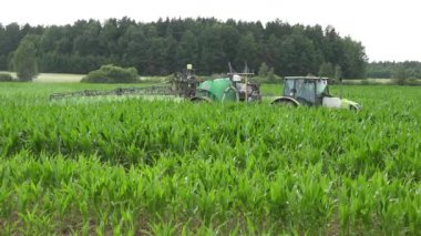 Traktör çiftçi yaz Mısır pestisit ile döllemek. 4k 