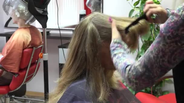 Стиліст робить зачіску та іншу жінку під фен-машиною. 4-кілометровий — стокове відео