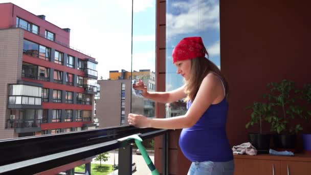 Mujer Embarazada Precisa Limpia Polvo Vidrio Balcón Casa Disparo Estático — Vídeos de Stock