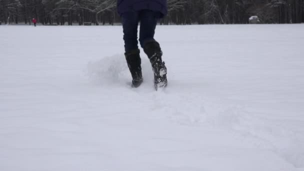 Mujer vestida con chaqueta larga y botas altas corren a través de la nieve de invierno. 4K — Vídeo de stock