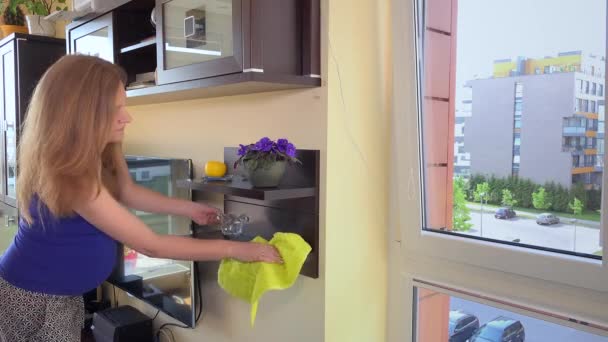 Тщательная беременная женщина чистая пыль в гостиной дома — стоковое видео
