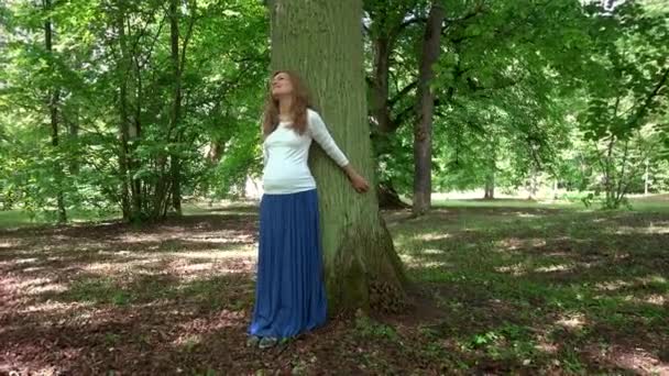 Relaxed pregnant woman standing lean on big tree trunk in park — Stock Video