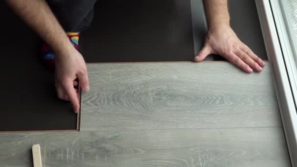 Αρσενικό εργαζόμενο χέρια θέσει laminate πάτωμα σανίδα — Αρχείο Βίντεο