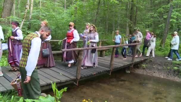 Participantes do festival pagão na ponte de madeira — Vídeo de Stock