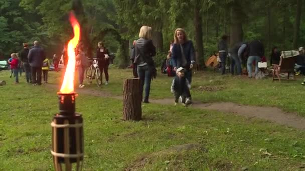 Fakkel vlam en mensen vieren jaarlijkse midsummer-dag. Traditionele heidens vakantie — Stockvideo