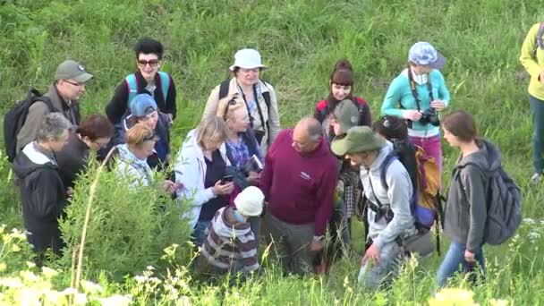 Botanische specialist gids vertel toeristische mensen over zeldzame plantensoorten — Stockvideo