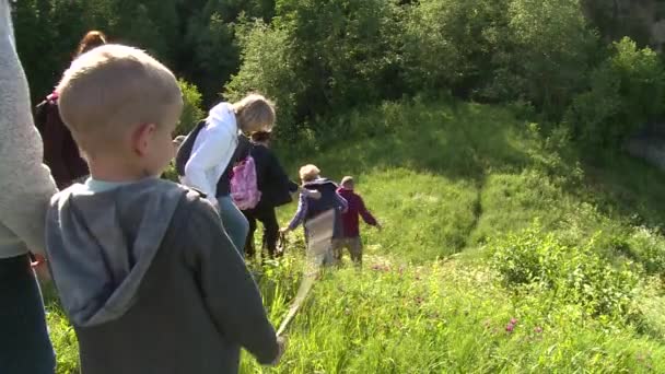Tourist people climb down hill with guide botanist in front — Stock Video