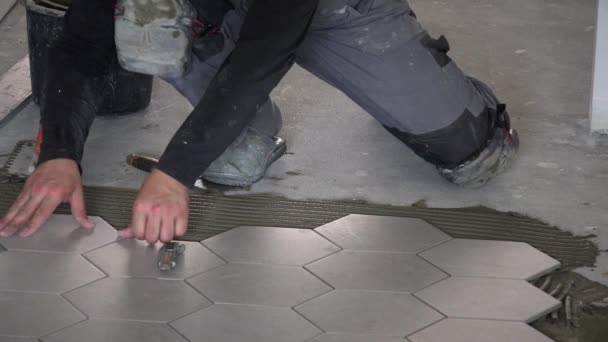 Professional worker laying hexagon stone mass tiles on floor — Stock Video