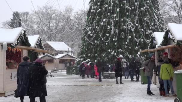 Groep van mensen genieten van Christmas town in zware sneeuw sneeuw Blizzard Falling — Stockvideo